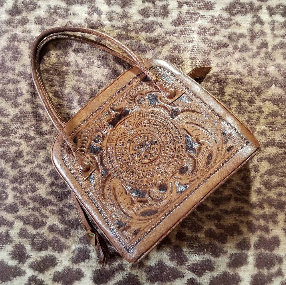 Bohemian Western Cognac Tooled Leather Satchel Handbag Purse Aztec Floral Mexico